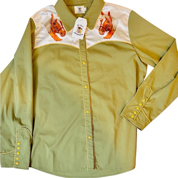 lil bees bohemian Tops - Western Olive Green Shirt with Horse Print